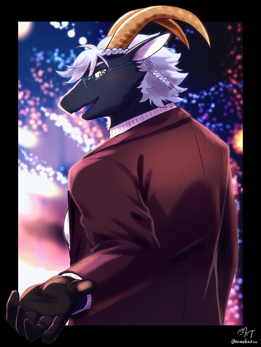 anthro black_body black_fur blazer eyewear fur glasses green_eyes hair horn humanoid_hands looking_at_viewer male solo white_hair nomekatsu lifewonders tokyo_afterschool_summoners tanngrisnir_(tas) bovid caprine goat mammal 2023 3:4 hi_res