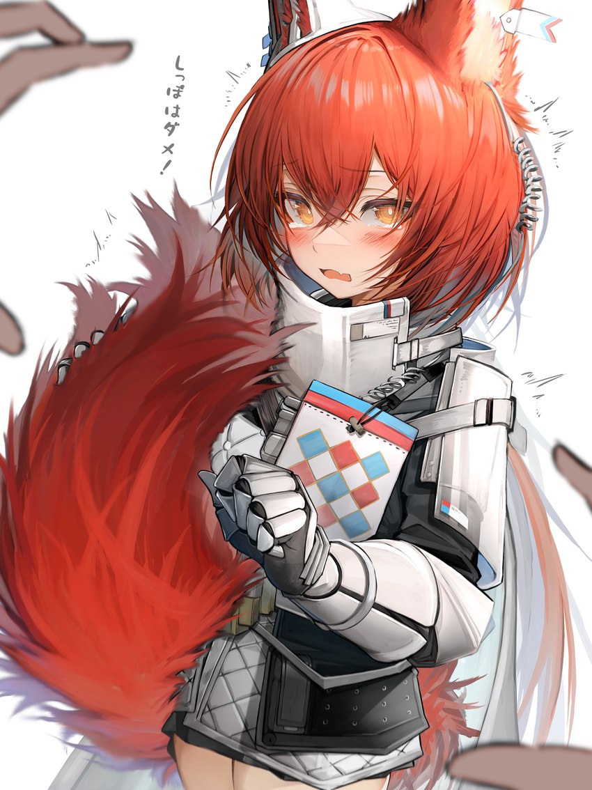 blush breasts clothed clothing cute_fangs dipstick_tail disembodied_hand duo fangs female female_focus female_humanoid fluffy fluffy_tail fur hair humanoid_focus long_hair markings multicolored_hair multicolored_tail orange_eyes red_body red_fur red_hair solo_focus tail tail_markings teeth text white_body white_fur white_hair tabhead arknights hypergryph studio_montagne flametail_(arknights) animal_humanoid canid canid_humanoid canine canine_humanoid fox_humanoid humanoid mammal mammal_humanoid 2022 absurd_res digital_media_(artwork) hi_res japanese_text translated translated_description