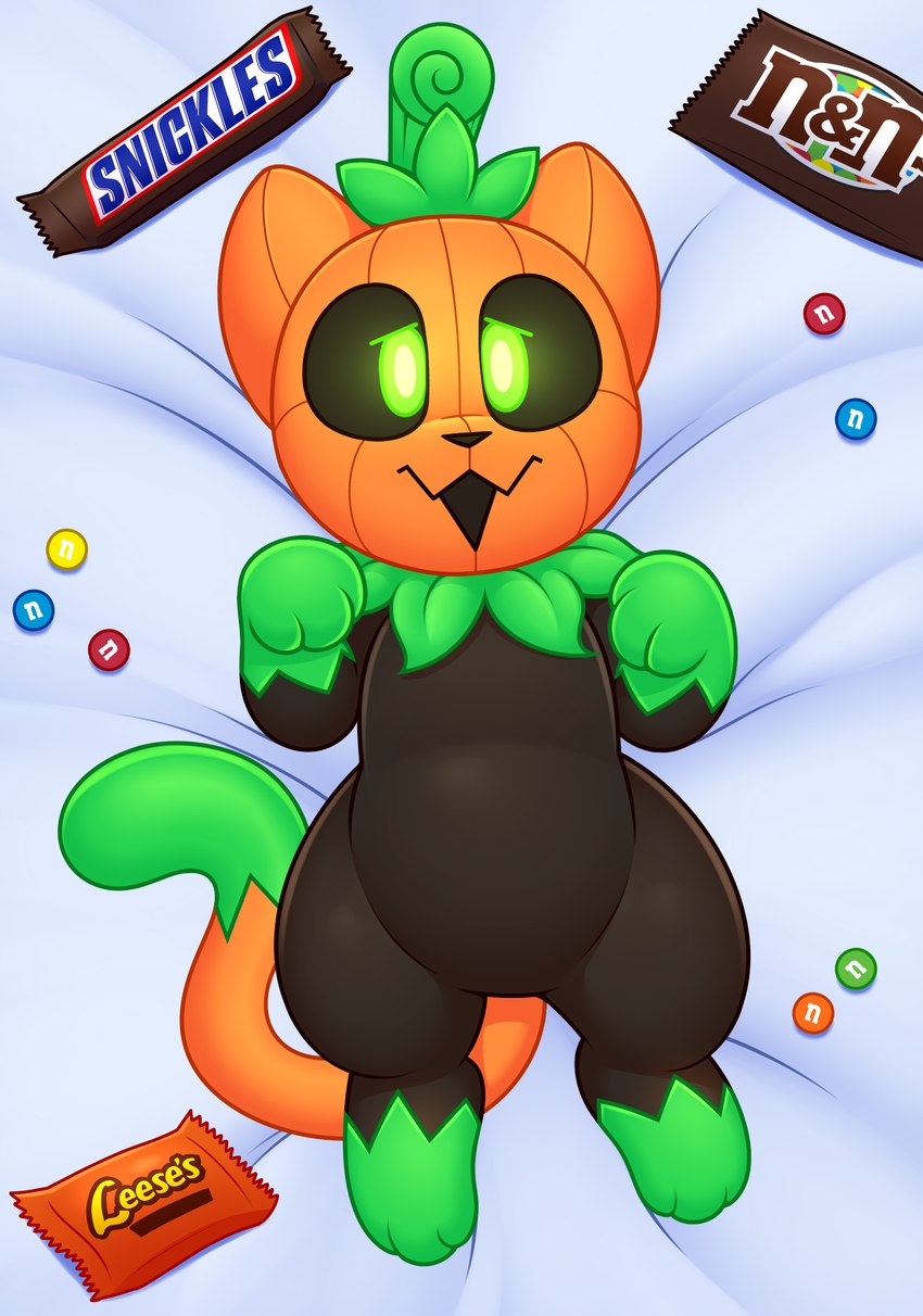 ambiguous_gender bed black_body black_fur black_sclera candy dessert dipstick_tail featureless_crotch feral food for_a_head fruit fur furniture gloves_(marking) glowing glowing_eyes green_body green_eyes green_fur leg_markings looking_at_viewer markings orange_body orange_fur paws plant pumpkin pumpkin_head socks_(marking) solo tail tail_markings acstlu m&m's mars_incorporated reese's snickers pumkat domestic_cat elemental_creature felid feline felis flora_fauna food_creature living_fruit mammal object_head hi_res male_(lore)