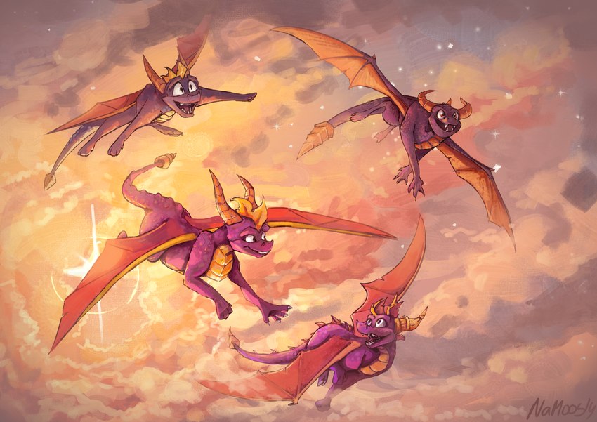 cloud feral flying group happy horn male purple_body sky smile star sun sunset tail teeth wings namoogly activision mythology skylanders spyro_reignited_trilogy spyro_the_dragon the_legend_of_spyro dragon mythological_creature mythological_scalie scalie 2022 absurd_res digital_media_(artwork) hi_res