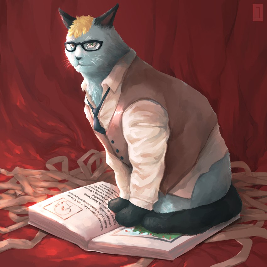 ambiguous_gender black_body black_fur book clothed clothing dress_shirt eyewear feral feralized fur glasses grey_body grey_fur heterochromia necktie open_book quadruped shirt sitting solo text topwear vest whiskers white_clothing white_shirt white_topwear m7 animal_crossing nintendo raymond_(animal_crossing) domestic_cat felid feline felis mammal 1:1 english_text male_(lore)