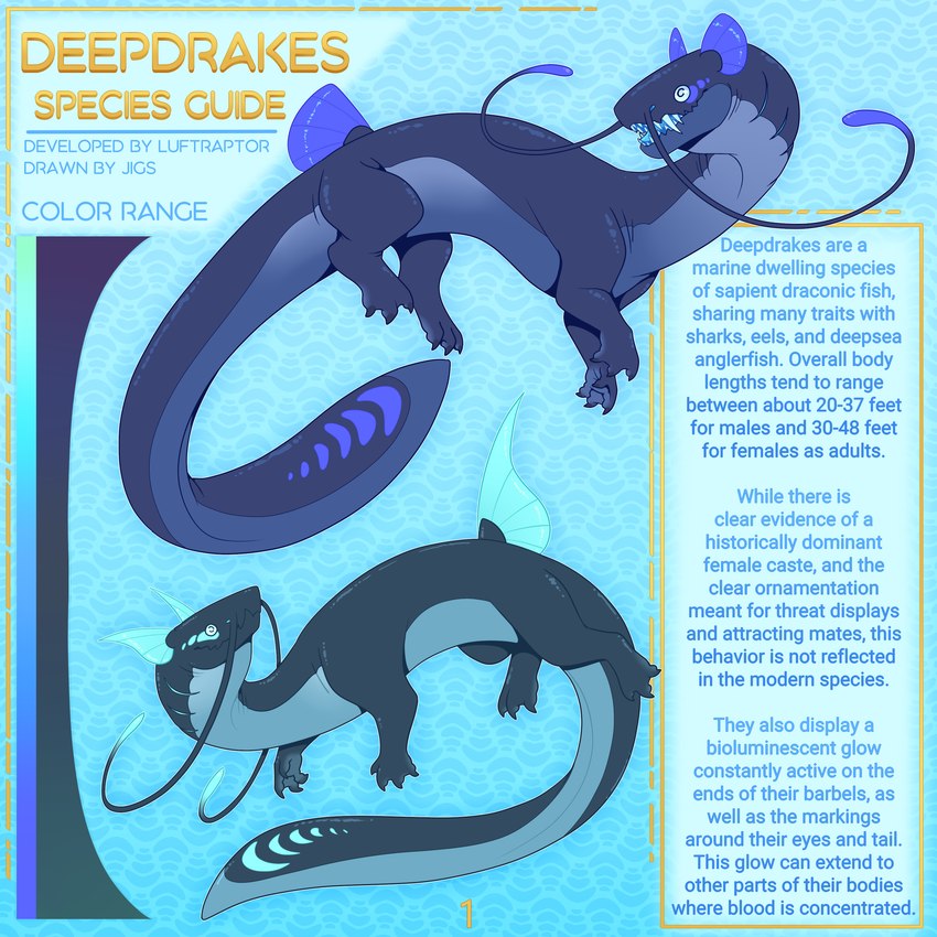 digitigrade duo female feral gills male open_species quadruped species_description species_sheet tail text jigs mythology aquatic_dragon deepdrake dragon fish marine mythological_creature mythological_scalie scalie 1:1 absurd_res english_text hi_res model_sheet