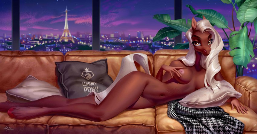 anthro areola breasts brown_body brown_fur brown_hair eiffel_tower female france fur furniture genitals hair heart_symbol hooves long_hair looking_at_viewer lying nipples nude paris pillow plant pussy sofa solo text_on_pillow white_hair window holivi equid equine horse mammal absurd_res hi_res