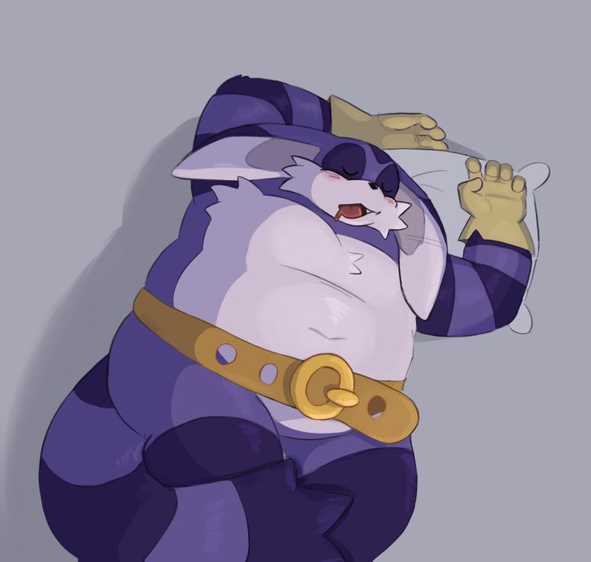 anthro belly belt blush bodily_fluids clothing drooling eyes_closed fur gloves handwear lying male navel on_back overweight overweight_male pillow purple_body purple_fur saliva sleeping solo text newtmoss sega sonic_the_hedgehog_(series) big_the_cat domestic_cat felid feline felis mammal english_text