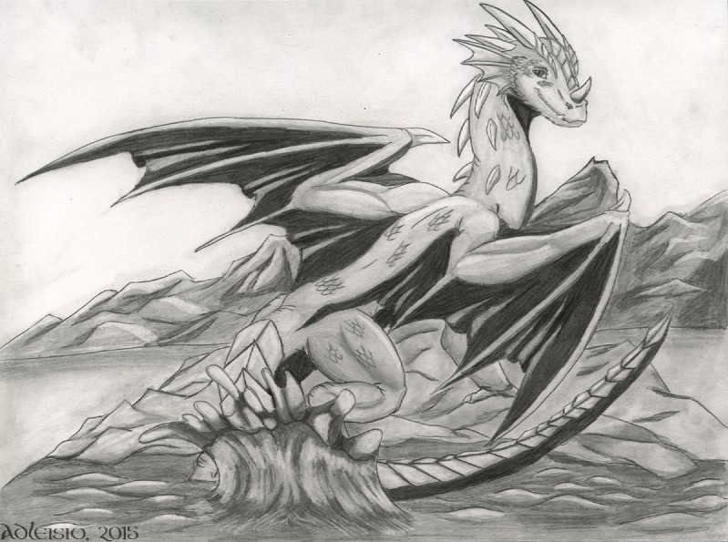 female feral frill_(anatomy) horn landscape looking_at_viewer membrane_(anatomy) membranous_frill membranous_wings mountain outside scales smile solo spikes splash tail wings adleisio european_mythology mythology riviena dragon mythological_creature mythological_scalie scalie western_dragon 2015 monochrome