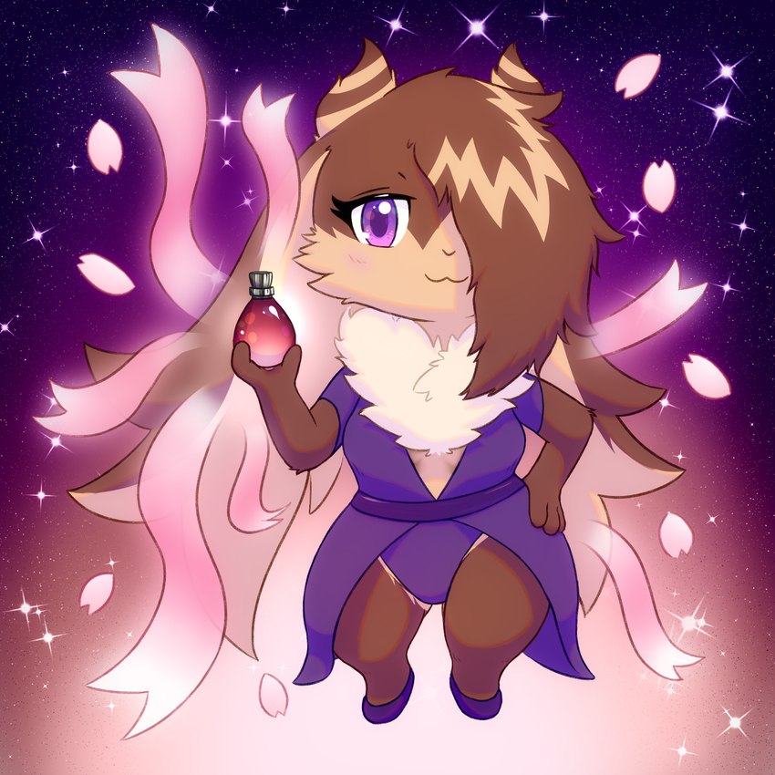 anthro biped bottle breasts brown_body brown_fur cheek_tuft chibi cleavage clothed clothing container cosmic_background detailed_background dewlap_(anatomy) dress facial_tuft female floppy_ears footwear front_view fur holding_bottle holding_container holding_object holding_perfume kemono long_ears looking_at_viewer multicolored_body multicolored_fur neck_tuft petals purple_eyes ribbons semi-anthro shoes short short_stack sky smile solo sparkles standing star starry_background starry_sky stripes tan_body tan_fur thick_thighs tuft two_tone_body two_tone_fur wide_hips pyritie lagomorph leporid mammal rabbit 1:1 2023 digital_media_(artwork) hi_res