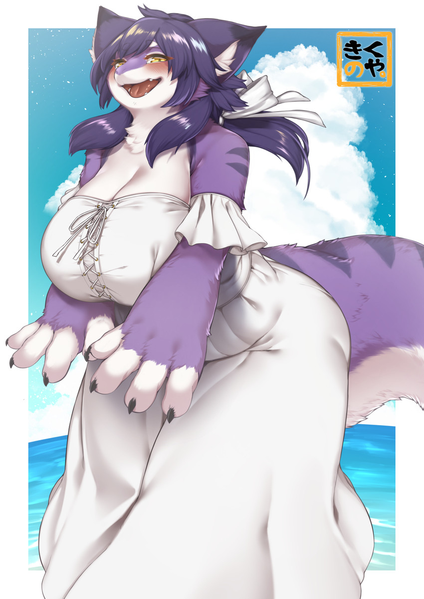 4_fingers anthro big_breasts black_body black_fur blush breasts cleavage clothed clothing day dress female fingers fur hair huge_breasts long_hair looking_at_viewer multicolored_body multicolored_fur open_mouth outside purple_body purple_fur sea solo water white_body white_fur yellow_eyes kikunoya tsukiyo unknown_species 2020 hi_res