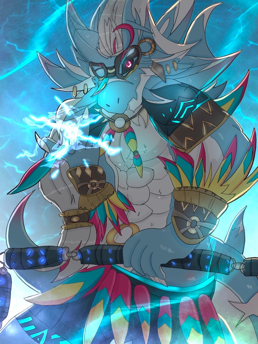 abs anthro black_sclera blue_body male mask muscular muscular_anthro muscular_male pecs red_eyes solo tail tribal tribal_clothing reikimei lifewonders live_a_hero mythology hydoor dragon mythological_creature mythological_scalie scalie 3:4 hi_res