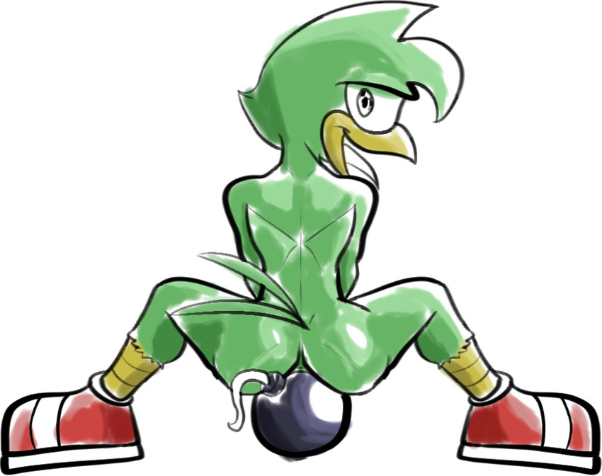 anthro bomb butt clothing crouching explosive_insertion explosives footwear footwear_only looking_at_viewer looking_back male mostly_nude rear_view shoes shoes_only simple_background sitting solo spread_butt spread_legs spreading tongue fourssss sega sonic_the_hedgehog_(series) bean_the_dynamite avian bird picid woodpecker 2019 sketch