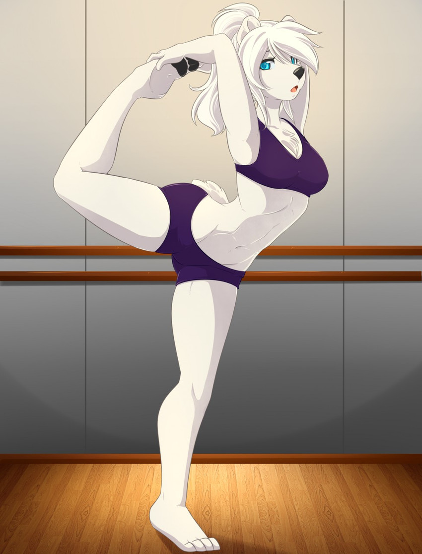 anthro barefoot black_pawpads blue_eyes breasts butt butt_from_the_front clothing feet female flexible fur hair looking_at_viewer open_mouth pawpads ponytail pose small_breasts soles solo tied_hair toes topknot white_body white_fur yoga spazzykoneko bear mammal polar_bear ursine digital_media_(artwork) hi_res shaded