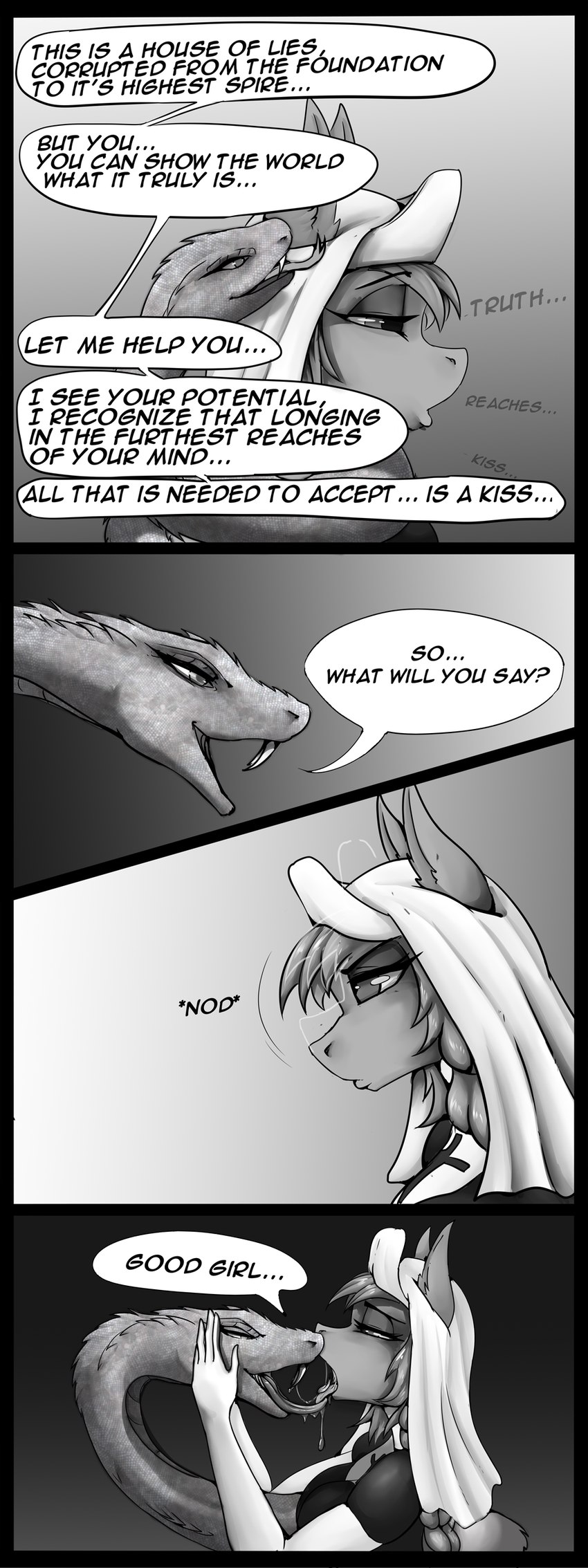 anthro female good_girl kissing nod nun nun_uniform text tongue tongue_out wall_of_text shamziwhite ripy_(oc) reptile scalie snake absurd_res english_text hi_res monochrome