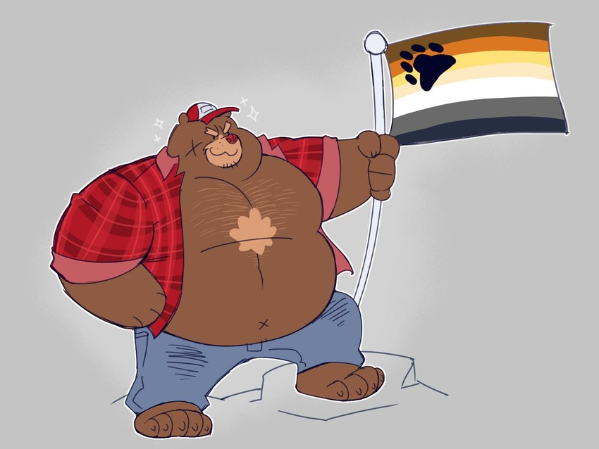 anthro bear_flag bear_pride_colors biped body_hair brown_body brown_fur chest_hair flag flag_(object) fur holding_flag holding_object lgbt_pride male navel overweight overweight_anthro overweight_male pride_color_flag pride_colors solo subculture_pride_colors x_navel megawaffle_(artist) shane_(megawaffle) bear mammal 2024 4:3