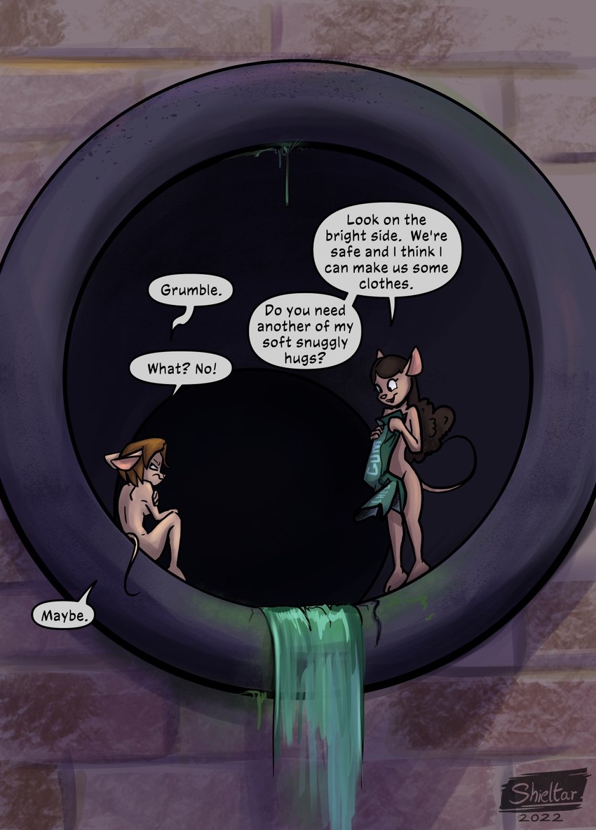 anthro black_hair breasts brown_hair dialogue drainage_pipe duo female fur hair nude tail tan_body tan_fur text water shieltar disney kim_possible bonnie_rockwaller monique_(kim_possible) mammal mouse murid murine rodent 2022 english_text hi_res