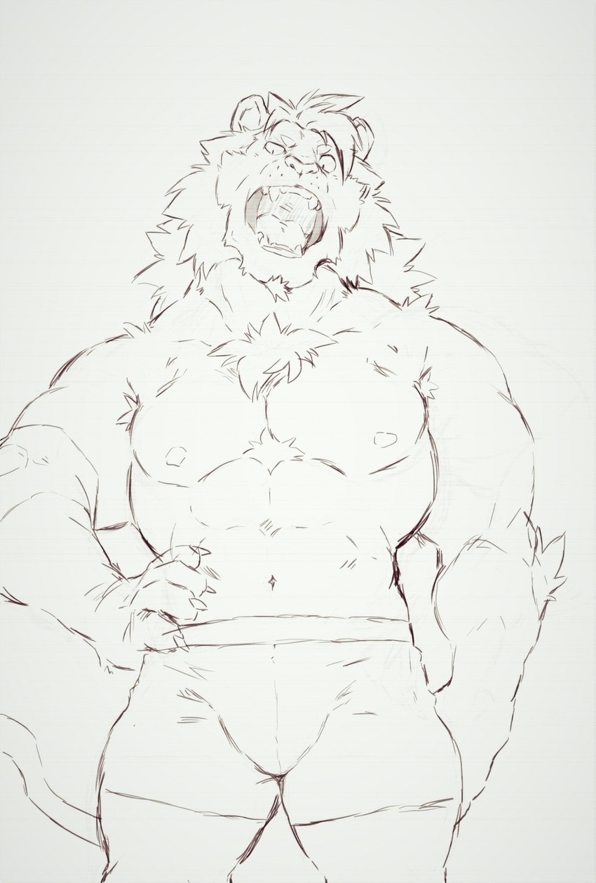 abs anthro boxers_(clothing) boxers_only bulge chest_tuft claws clothed clothing elbow_fur facial_hair looking_at_viewer male mane muscular muscular_male navel open_mouth pecs solo topless tuft underwear underwear_only heylaw21 felid lion mammal pantherine absurd_res hi_res portrait sketch three-quarter_portrait