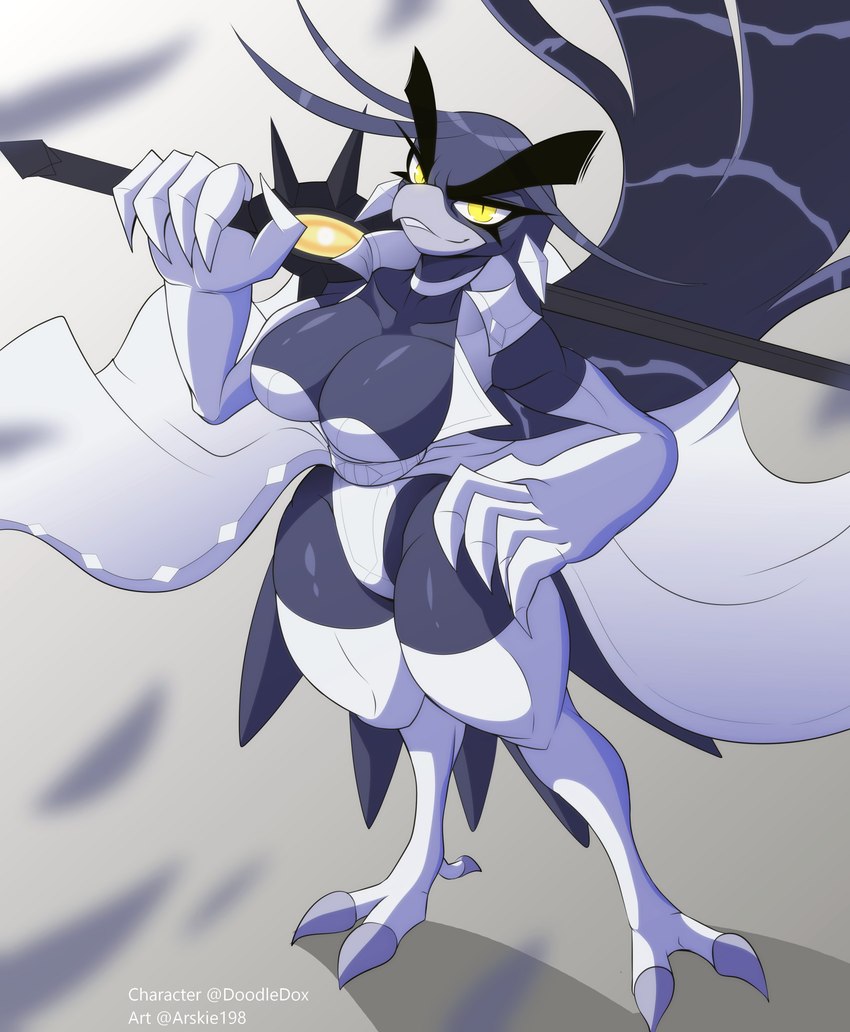 anthro beak big_breasts breasts eyebrows feet female grey_beak grey_body hand_on_hip holding_melee_weapon holding_object holding_sword holding_weapon melee_weapon non-mammal_breasts pupils slit_pupils smile smirk solo standing sword talons thick_thighs toes weapon yellow_eyes arskie198 ryz_harlok avian absurd_res hi_res