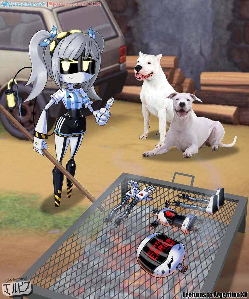 accessory clothed clothing female fingers grey_hair grill hair hazard_stripes headgear looking_at_viewer machine not_furry pigtails ribbons screen_eyes smile soccer_uniform solo sportswear syringe tail topwear twintails_(hairstyle) uniform white_body yellow_eyes jackintaro glitch_productions murder_drones j_(murder_drones) canid canine canis disassembly_drone dogo_argentino domestic_dog humanoid mammal mastiff molosser robot robot_humanoid tailed_humanoid worker_drone 5:6 absurd_res digital_media_(artwork) hi_res meme