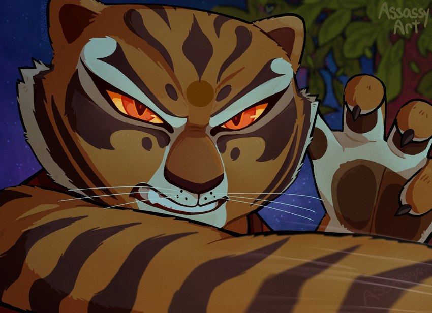 4_fingers angry anthro clenched_teeth clothing female fingers fur orange_body orange_eyes orange_fur plant solo teeth text tree whiskers white_body white_fur yellow_sclera assassyart dreamworks kung_fu_panda master_tigress felid mammal pantherine tiger 2024 artist_name hi_res portrait