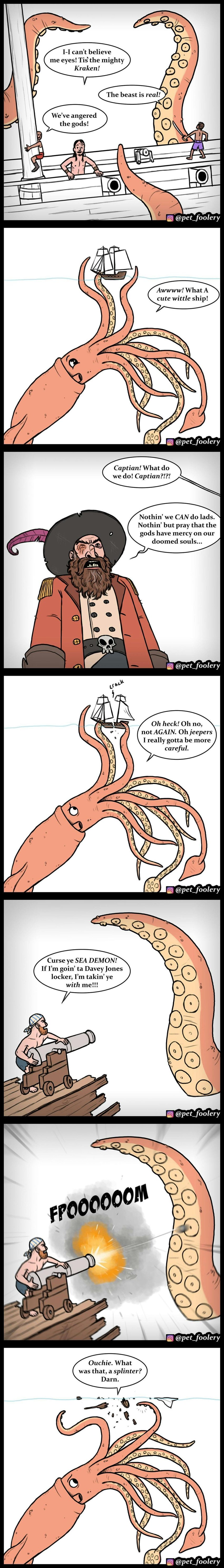 ambiguous_gender cannon destruction dialogue macro male pirate ranged_weapon scar ship size_difference smaller_male tentacles text vehicle water watercraft weapon pet_foolery cephalopod coleoid decapodiform giant_squid human kraken mammal marine mollusk squid absurd_res comic english_text hi_res long_image tall_image