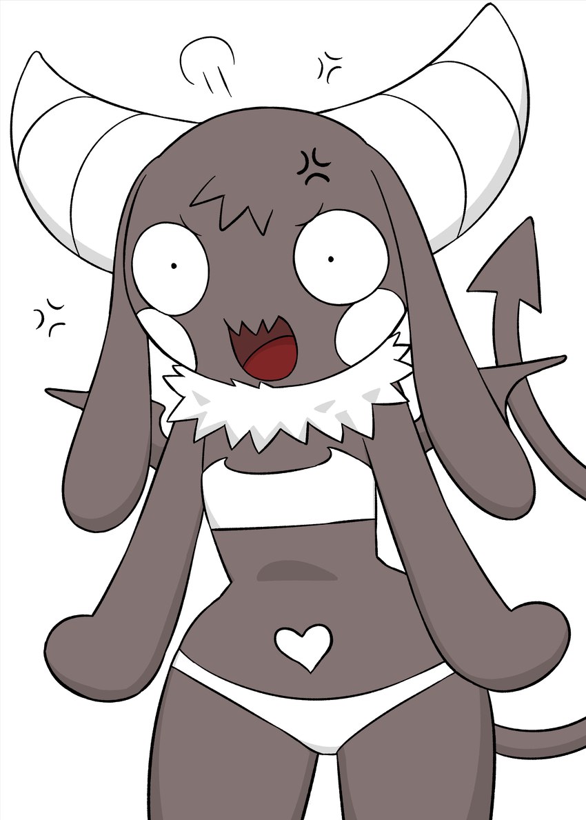 2_horns angry anthro belly belly_markings black_body black_ears black_fur black_tail black_tuft black_wings bra clothing cross-popping_vein female female_anthro fur heart_(marking) horn long_ears markings membrane_(anatomy) membranous_wings open_mouth panties pupils red_tongue small_pupils solo spade_tail steam tail thick_thighs tongue tuft underwear white_bra white_cheeks white_clothing white_horn white_markings white_panties white_underwear wide_hips wings o-den bibi_(o-den) demon succubus 2022 absurd_res hi_res