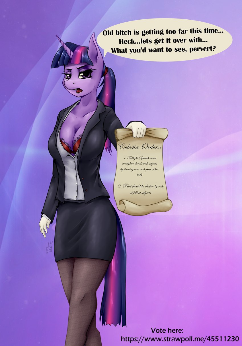 anthro bottomwear breasts cleavage clothed clothing female furgonomics jacket looking_at_viewer office_lady pencil_skirt profanity shirt skirt solo standing tail tail_through_skirt text topwear voting wall_of_text shamziwhite friendship_is_magic hasbro my_little_pony twilight_sparkle_(mlp) equid equine mammal absurd_res english_text hi_res