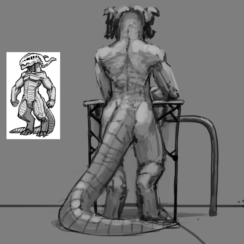 ambiguous_gender butt digitigrade horn muscular not_furry solo standing tail thick_tail meandraco norakhu alien humanoid monster 1:1 hi_res monochrome female_(lore)