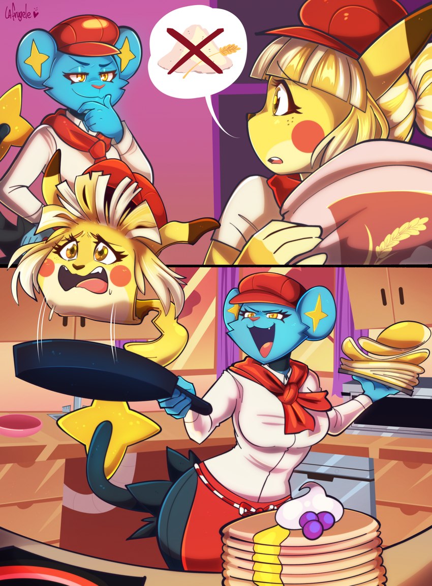 anthro appliance breasts chef cooking cooking_with_furs cookware duo fangs female food food_transformation freckles frying_pan fur furgonomics kitchen_appliance kitchen_utensils open_mouth oven pancake plate red_cheeks scared smile smirk stove tail_star teeth tools transformation window la-frugele nintendo pokemon pokemon_cafe_remix felid feline food_creature generation_1_pokemon generation_4_pokemon mammal pikachu pokemon_(species) rodent shinx comic hi_res