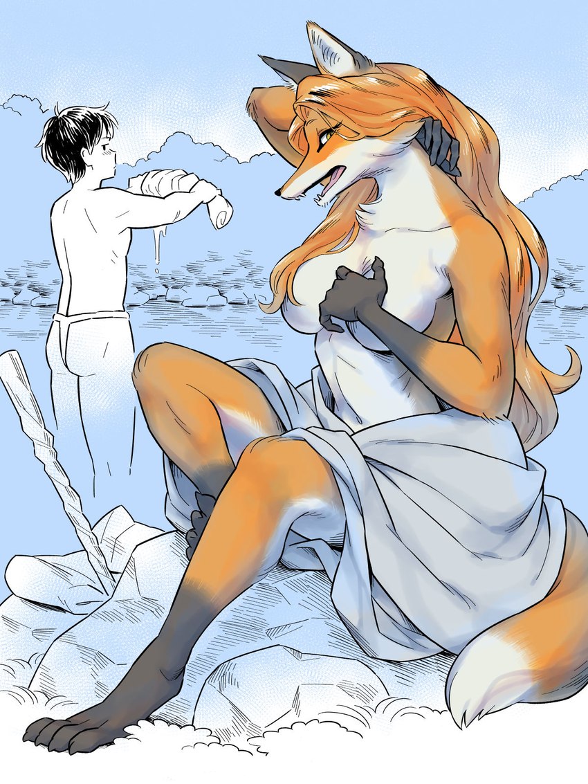 anthro asian_clothing big_breasts breasts butt chest_tuft clothing collarbone dipstick_tail duo east_asian_clothing eyelashes feet female fundoshi fur gloves_(marking) hair hand_behind_neck japanese_clothing leg_markings long_hair male markings nude open_mouth orange_body orange_fur orange_hair rock sitting socks_(marking) tail tail_markings tuft underwear white_body white_fur yellow_eyes keityo99 canid canine fox human mammal red_fox true_fox hi_res