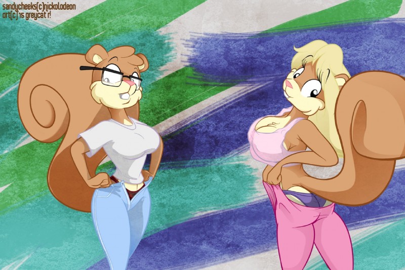 anthro blonde_hair bottomwear breasts brown_body brown_fur buckteeth cleavage clothed clothing denim denim_bottomwear denim_clothing dressing duo eyewear female female/female fur glasses hair jeans looking_at_viewer panties pants pink_nose square_crossover tan_body tan_fur teeth underwear y2k_(fashion) greycat_rademenes nickelodeon spongebob_squarepants sandy_cheeks mammal rodent sciurid tree_squirrel 2018