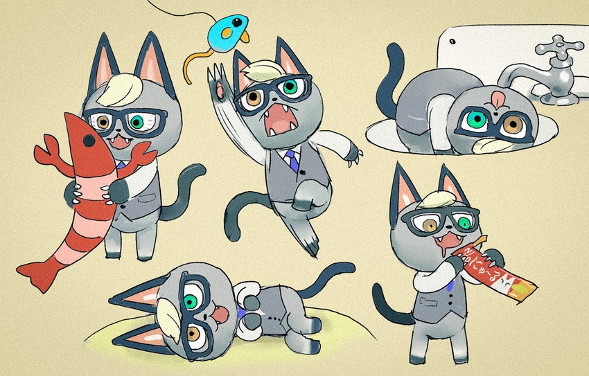 animal_behavior anthro blonde_hair cat_toy chibi clothing eyewear faucet fur glasses grey_body grey_fur hair humor male solo topwear vest water ka92 animal_crossing nintendo raymond_(animal_crossing) domestic_cat felid feline felis mammal hi_res