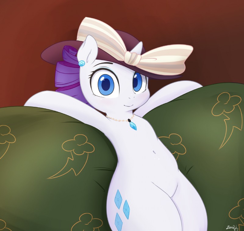 blue_eyes blush clothing cutie_mark ear_piercing eyelashes female feral hair hat headgear headwear horn looking_at_viewer navel piercing purple_hair smile solo zoarity friendship_is_magic hasbro my_little_pony mythology rarity_(mlp) equid equine mammal mythological_creature mythological_equine unicorn 2016 hi_res