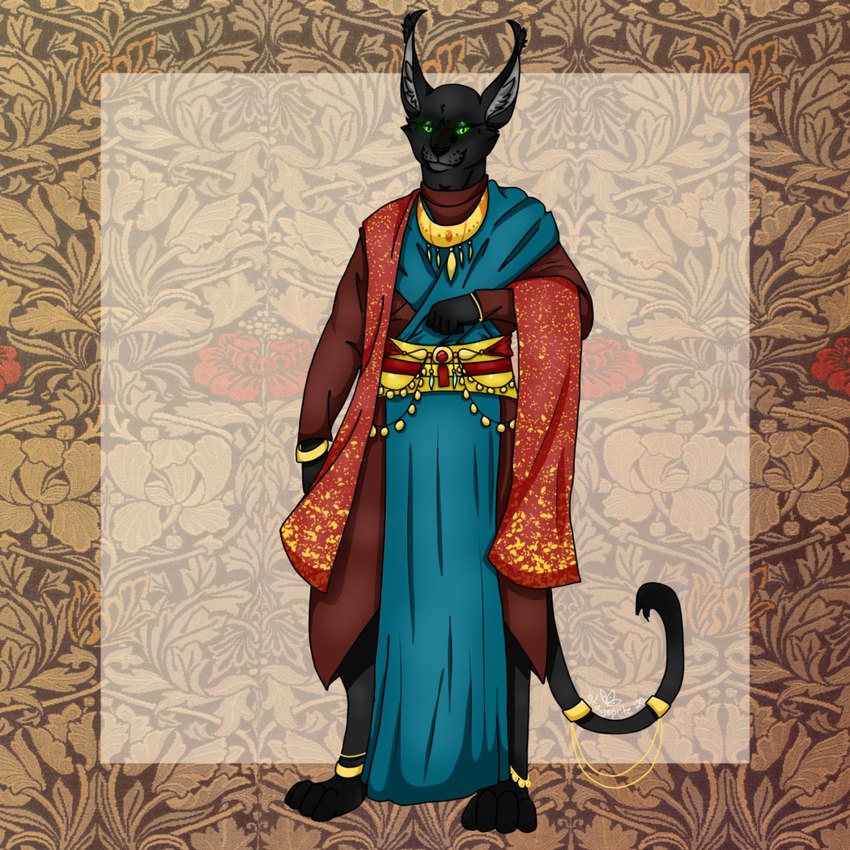 accessory anklet anthro art_nouveau black_body black_fur bracelet clothing elaborate_clothing floral_pattern flowing_robes fur furgonomics gold_(metal) green_eyes jewelry looking_at_viewer male multicolored_clothing necklace pattern_background robe sash scarf simple_background solo standing tail tail_accessory tail_jewelry tufted_ears threeeyeddogart microsoft morris_&_co. the_elder_scrolls tulip_and_rose_pattern_(morris_&_co.) felinx felid khajiit mammal 1:1 hi_res nonbinary_(lore)