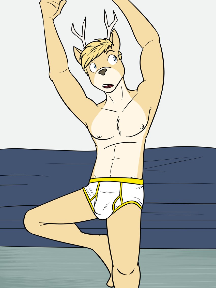 anthro antlers blonde_hair blue_eyes briefs bulge clothed clothing colored_seam_underwear hair horn male navel nipples open_mouth raised_arm solo topless underwear white_briefs white_clothing white_underwear yellow_seam_briefs yellow_seam_underwear fuze deer_frat_dude_(fuze) deer mammal 3:4 hi_res