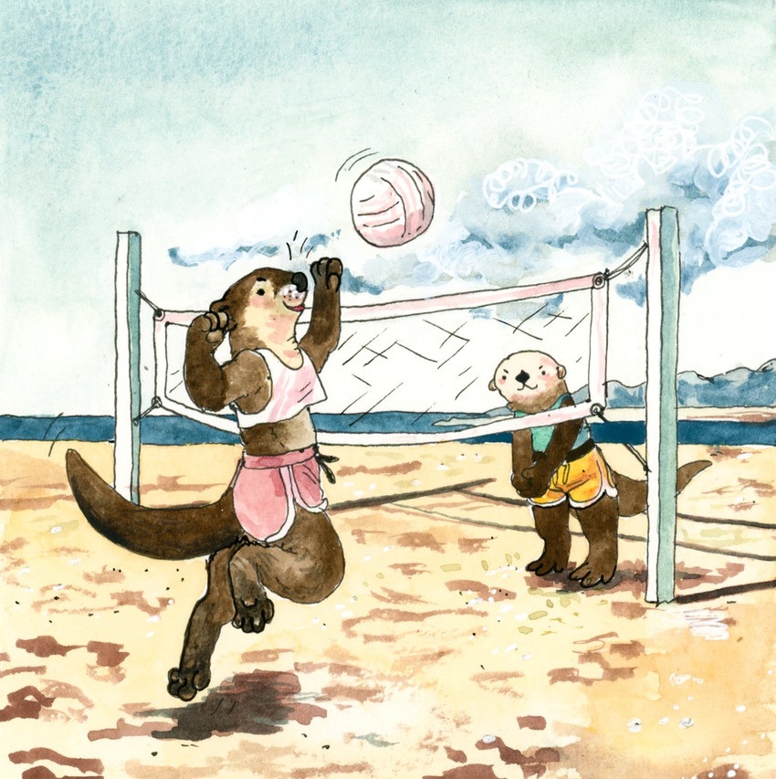 ambiguous_gender anthro ball beach beach_volleyball black_nose blue_clothing blue_shirt blue_topwear bottomwear clothed clothing crop_top day dot_eyes duo jumping multicolored_body net outside pink_bottomwear pink_clothing pink_shirt pink_shorts pink_topwear seaside shirt shorts sky slight_blush sport topwear two_tone_body volleyball volleyball_(ball) volleyball_net yellow_bottomwear yellow_clothing yellow_shorts goat-soap mammal mustelid otter sea_otter hi_res painting_(artwork) traditional_media_(artwork) watercolor_(artwork)