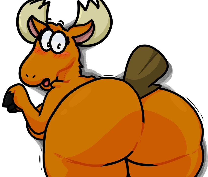 anthro bent_over big_butt blush blush_lines breasts brown_body butt eyebrows female looking_back open_mouth raised_eyebrows raised_tail rear_view simple_background solo tail thick_thighs white_background lewdewott johnny_bravo_(series) becky_(johnny_bravo) deer mammal moose new_world_deer 2023 digital_drawing_(artwork) digital_media_(artwork) hi_res