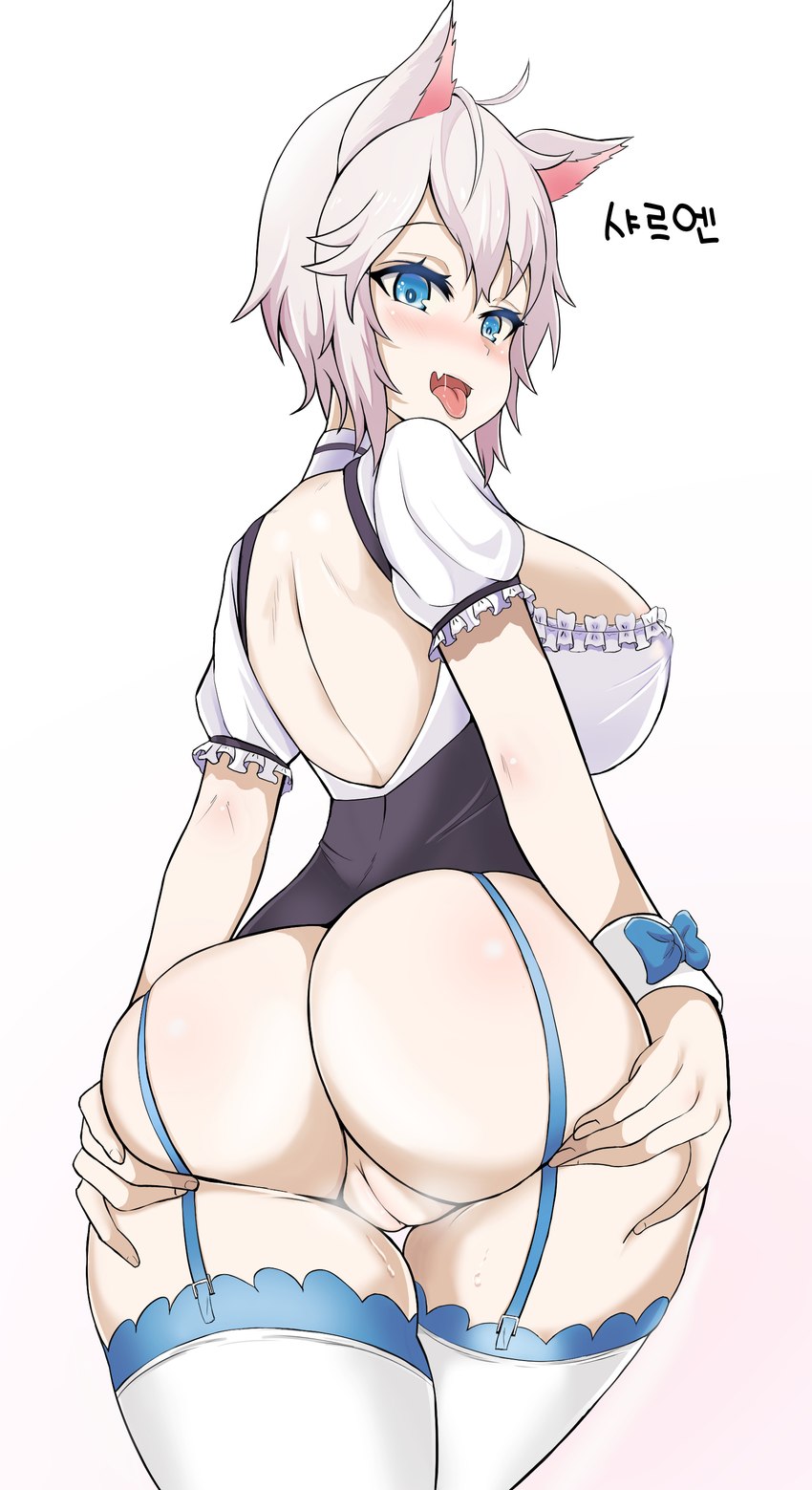 big_breasts blue_eyes blush bodily_fluids breasts butt butt_grab clothed clothing clothing_bow fangs female garter_straps genitals hair hand_on_butt legwear looking_at_viewer looking_back looking_back_at_viewer no_underwear open_mouth pussy rear_view saliva simple_background solo standing teeth thigh_gap thigh_highs tongue tongue_out white_background white_hair kim_wang_jyang third-party_edit humanoid mammal absurd_res censor_removal_edit digital_media_(artwork) hi_res shaded