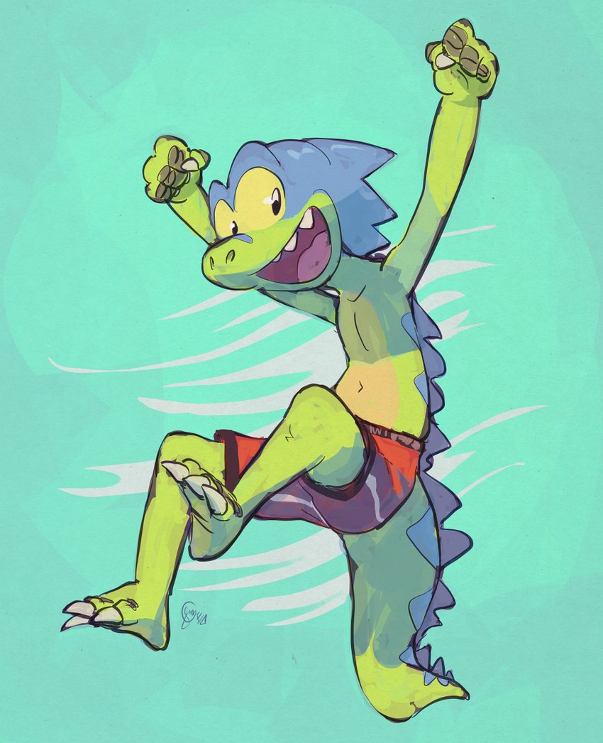 3_toes anthro barefoot blue_body blue_scales claws clothed clothing feet green_body green_scales jumping open_mouth plantigrade raised_arms red_clothing red_swimming_trunks red_swimwear scales smile soles solo swimming_trunks swimwear toes edtropolis dinosaur_bones zarland_rex reptile scalie 2019