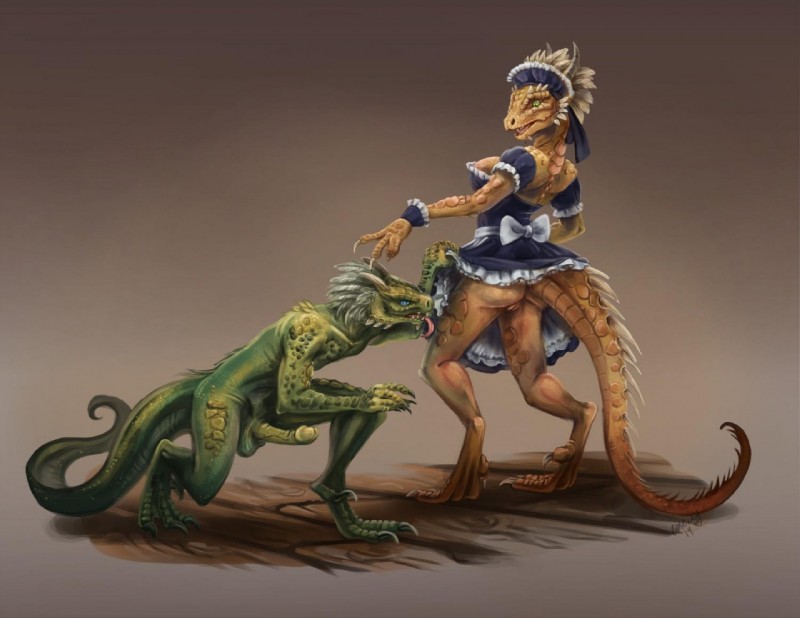 anthro balls breasts butt claws clothed clothing duo erection female genitals humanoid_genitalia humanoid_penis maid_uniform male nude penis pussy uniform upskirt brewrisque microsoft the_elder_scrolls the_lusty_argonian_maid lifts-her-tail argonian scalie