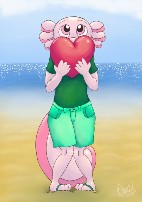 anthro beach clothed clothing fully_clothed heart_symbol looking_up male seaside shy solo standing lewd_lotl amphibian axolotl marine mole_salamander salamander 2019 digital_media_(artwork) hi_res portrait