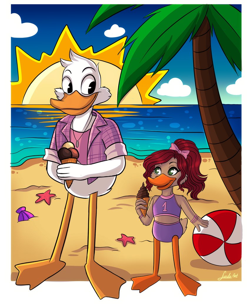 adolescent anthro ball barefoot beach_ball beachwear bottomless bottomless_anthro bottomless_male casual_clothing clothed clothing dessert duo eye_contact feet female food ice_cream ice_cream_cone inflatable looking_at_another male palm_tree plant sand sunrise tree tropical vacation young kinkypeach darkwing_duck disney ducktales ducktales_(2017) drake_mallard gosalyn_waddlemeyer anatid anseriform asterozoan avian bird duck echinoderm marine starfish hi_res adopted_(lore) adopted_daughter_(lore) daughter_(lore) father_(lore) father_and_child_(lore) father_and_daughter_(lore) parent_(lore) parent_and_child_(lore) parent_and_daughter_(lore)