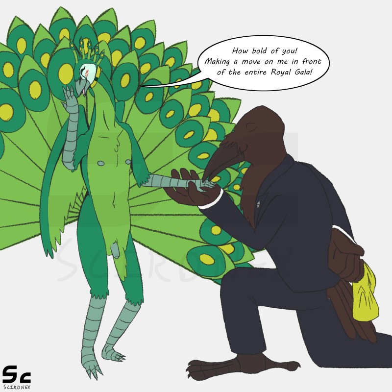 3_toes 4_fingers 5_fingers anthro assisted_exposure balls barefoot beak blush brown_body brown_feathers clothed clothed/nude clothed_anthro clothed_male clothing clothing_theft collar dialogue duo embarrassed eyes_closed feathers feet fingers flaccid foreskin genitals green_body green_feathers humanoid_genitalia humanoid_penis kissing_hand long_neck male male/male navel nipples nude nude_anthro nude_male penis public public_exposure public_nudity simple_background small_balls small_penis speech_bubble stealing suit tail tail_feathers text toes white_background wings scironex corvin prance_(lonelyworld) avian bird corvid corvus_(genus) crow galliform oscine passerine peafowl phasianid 1:1 absurd_res english_text hi_res