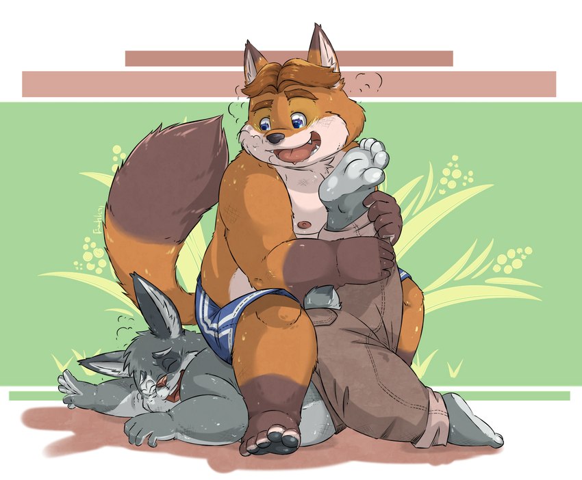 anthro belly blue_eyes bodily_fluids bottomwear clothing duo eyes_closed feet humanoid_hands male male/male moobs nipples overweight overweight_male pants shorts sitting sweat wrestling aotoaka disney zootopia gideon_grey canid canine fox lagomorph leporid mammal rabbit red_fox true_fox 2019