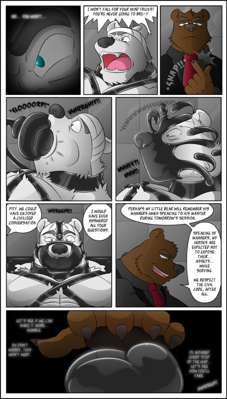 anthro anthro_on_anthro balls bdsm black_border bondage border bound bulge dialogue dominant dominant_male duo gag genitals inside latex male male/male muscular muscular_male pecs speech_bubble submissive submissive_male text rubberbuns frostbite_(rubberbuns) master_buns bear mammal polar_bear ursine comic english_text hi_res