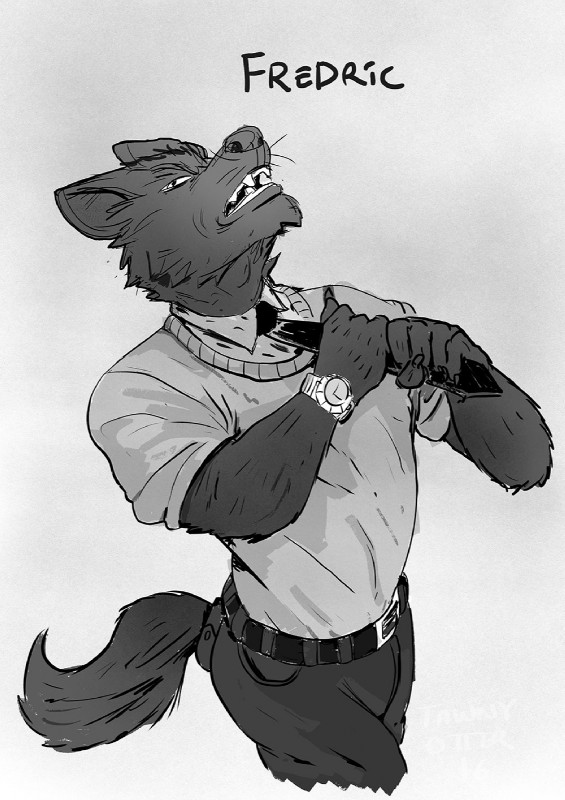 clock clothed clothing clothing_pull fully_clothed furgonomics male necktie necktie_pull solo watch wristwatch tawny_otter canid canine canis mammal wolf hi_res monochrome portrait three-quarter_portrait