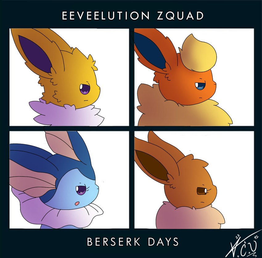 ambiguous_gender feral group simple_background eeveector eeveelution_squad gorillaz nintendo pokemon eevee eeveelution flareon generation_1_pokemon jolteon pokemon_(species) vaporeon album_cover cover hi_res