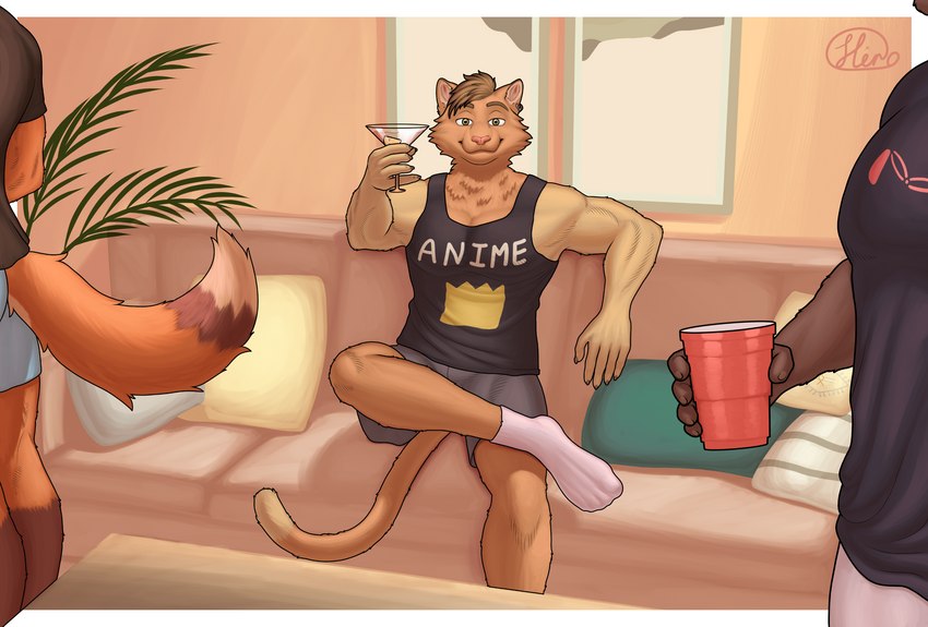 anthro beverage birthday claws clothed clothing drinking footwear furniture group hair male party shirt socks sofa solo_focus tank_top topwear matthew-x hank_(meesh) joseph_warren_(meesh) meesh_(character) canid canine domestic_cat felid feline felis fox mammal red_fox true_fox 2022 hi_res