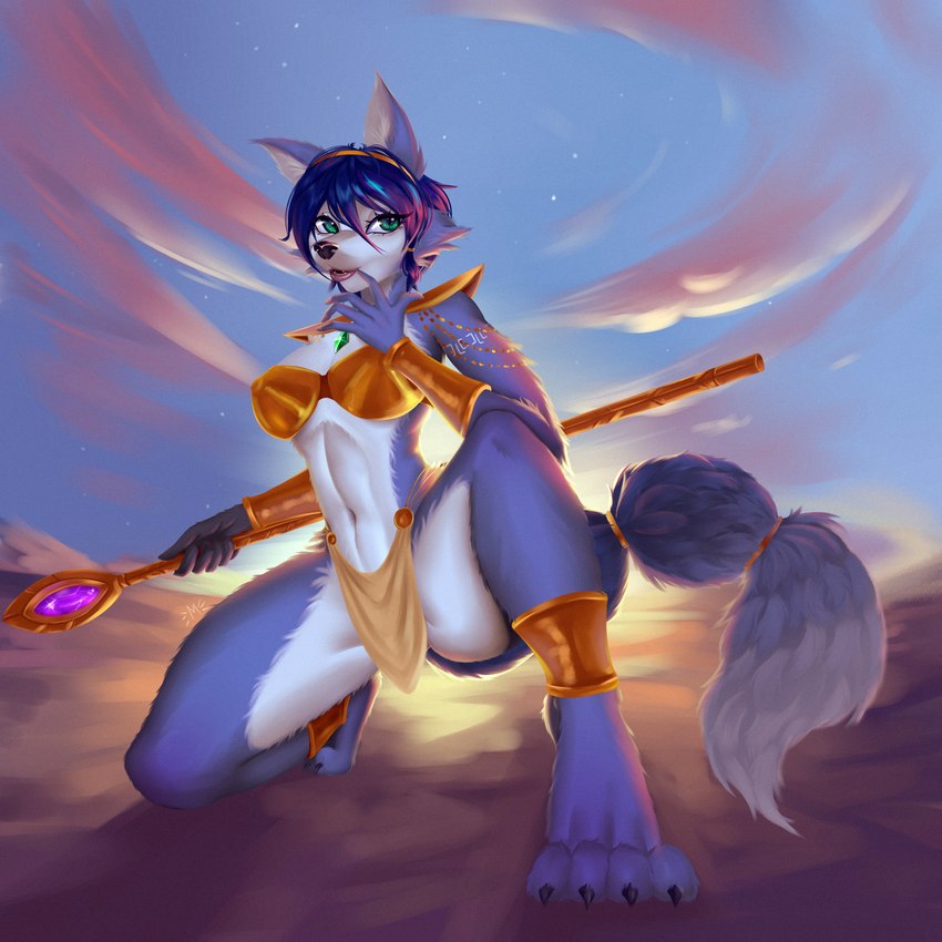 4_toes barefoot blue_body blue_fur blue_hair claws cloud desert feet female fluffy fluffy_tail fur gem gold_(metal) gold_jewelry green_eyes hair jewelry light looking_at_viewer solo sunlight sunrise tail toes weapon white_body white_fur moirah nintendo star_fox krystal_(star_fox) canid canine fox mammal 1:1 2022 absurd_res hi_res