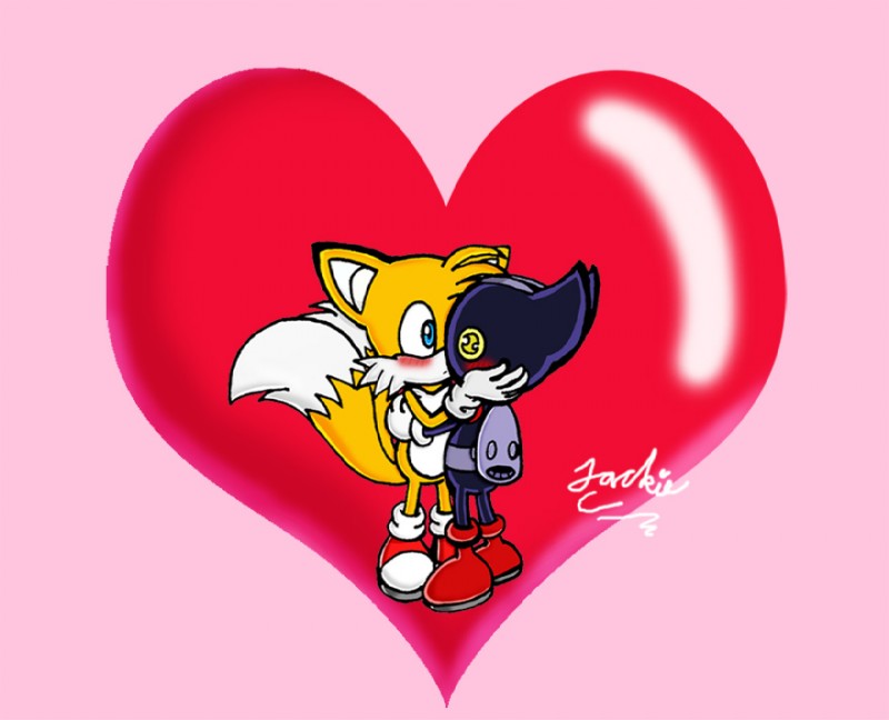 ambiguous_gender anthro blush clothing duo footwear gloves handwear heart_symbol hug kissing male male/ambiguous pink_background romantic romantic_couple simple_background limelover sega sonic_the_hedgehog_(series) sonic_x bokkun miles_prower canid canine fox mammal unknown_species signature