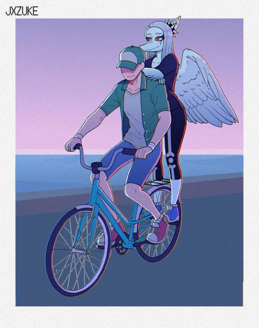 amber_eyes anthro bald bicycle border bottomwear clothing duo elbow_feathers eyelashes eyeliner feathered_wings feathers female fingers footwear grey_body grey_hair grey_scales hair jacket light-skinned_male light_body light_skin makeup male riding_bike scales shoes shorts simple_background smile sneakers snout topwear vehicle white_border wings jxzuke cavemanon_studios goodbye_volcano_high snoot_game anon_(snoot_game) fang_(gvh) human mammal prehistoric_species pterodactylus pterosaur reptile scalie 2023 artist_name digital_drawing_(artwork) digital_media_(artwork) hi_res watermark