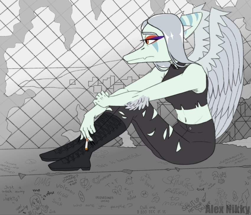 5_fingers amber_eyes anthro black_bottomwear black_clothing black_jeans black_pants boots bottomwear chain-link_fence cigarette claws clothing crop_top denim denim_bottomwear denim_clothing detailed_background elbow_feathers eyelashes feathered_wings feathers female fence finger_claws fingers footwear graffiti grey_body grey_feathers grey_scales hair halter_top holding_cigarette holding_object jeans long_hair midriff navel pants peace_symbol scales shirt shoes silver_hair sitting snout solo topwear torn_bottomwear torn_clothing torn_jeans torn_pants twitter_logo wings alexnikky 2channel 4chan among_us cavemanon_studios cool_s goodbye_volcano_high innersloth reddit snoot_game twitter crewmate_(among_us) dickbutt fang_(gvh) dinosaur prehistoric_species pterodactylus pterosaur reptile scalie 2024 artist_name digital_drawing_(artwork) digital_media_(artwork) hi_res meme watermark nonbinary_(lore)