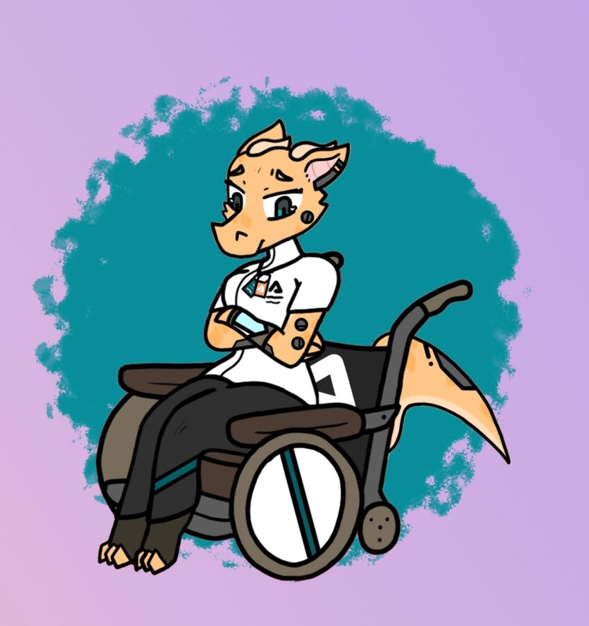 anthro barefoot black_bottomwear black_clothing black_pants blue_eyes bottomwear clothed clothing disability feet female fully_clothed hawaii pants paraplegic solo topwear vehicle wheelchair white_clothing white_topwear cyade kobold scalie hi_res